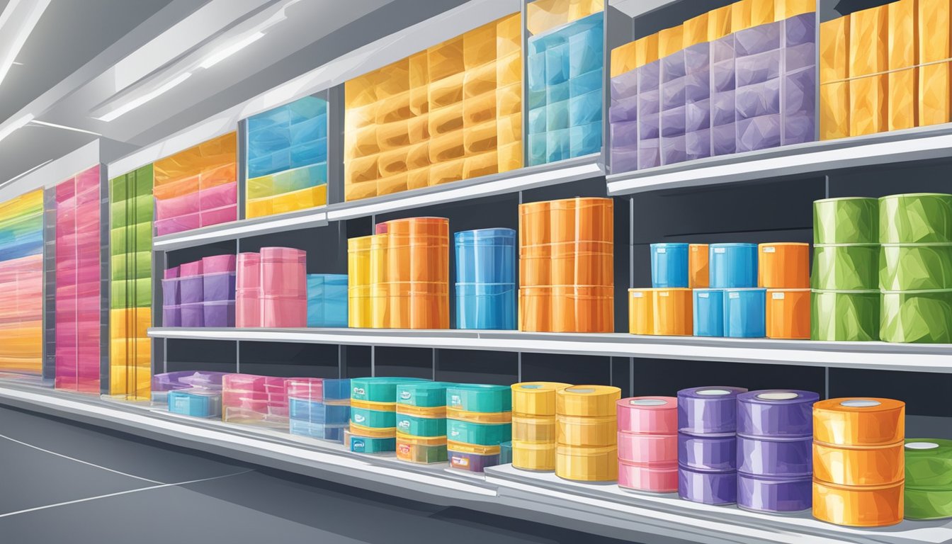 A store shelf displays various rolls of cellophane paper in Singapore. Brightly colored packaging and labels indicate different sizes and types available for purchase