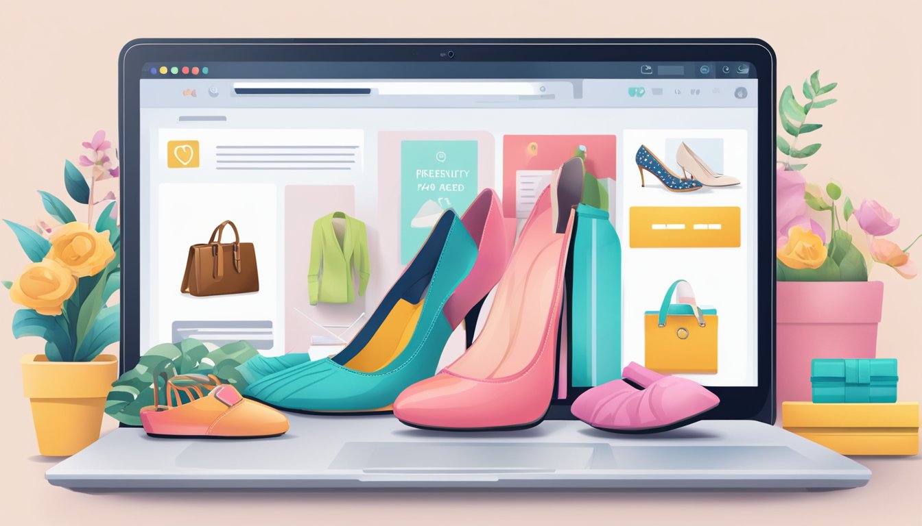 A laptop open to a website with a variety of women's shoes, a shopping cart icon, and a "Frequently Asked Questions" section