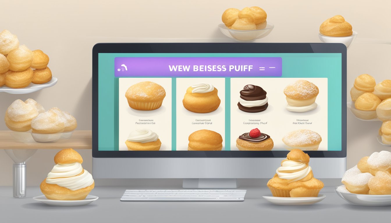 A computer screen displaying a website with a variety of cream puffs available for purchase. A cursor hovers over the "Add to Cart" button
