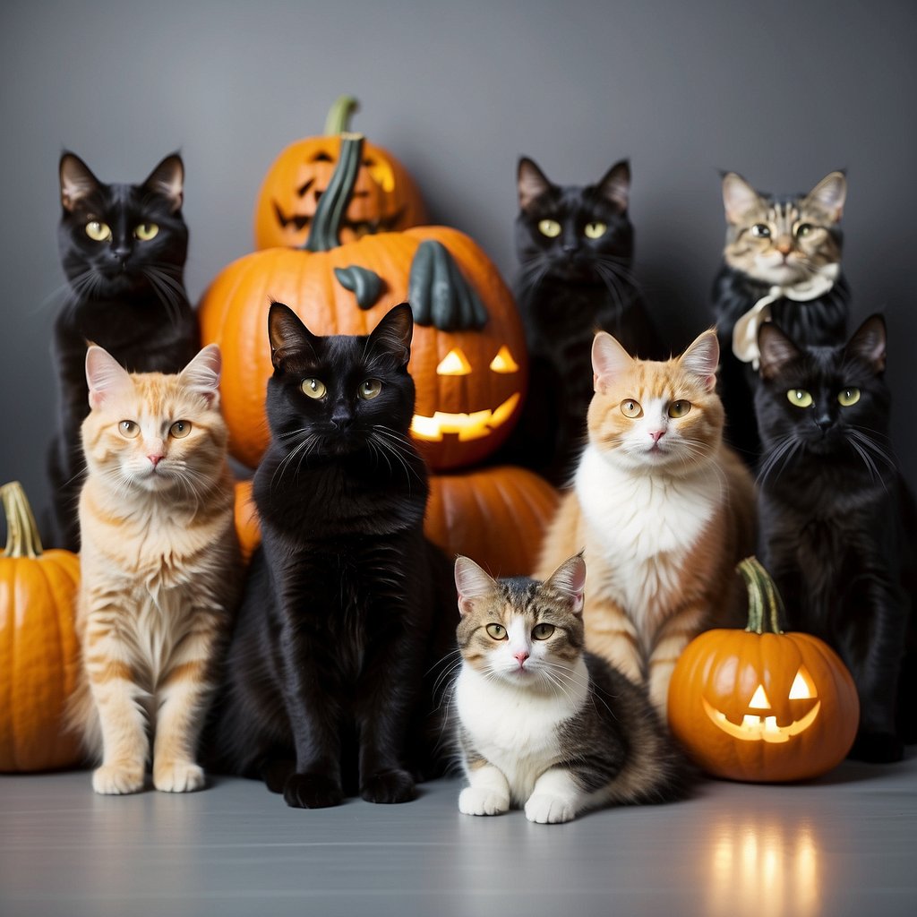 A group of cats wearing various Halloween costumes, such as witches, vampires, and pumpkins, posing in front of a spooky backdrop