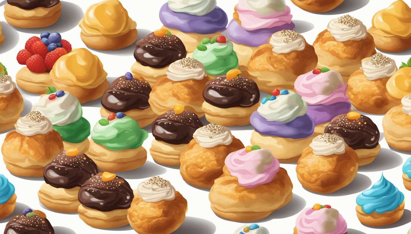 A table filled with an assortment of cream puffs in different flavors and sizes, displayed on a white tablecloth with a variety of toppings and fillings