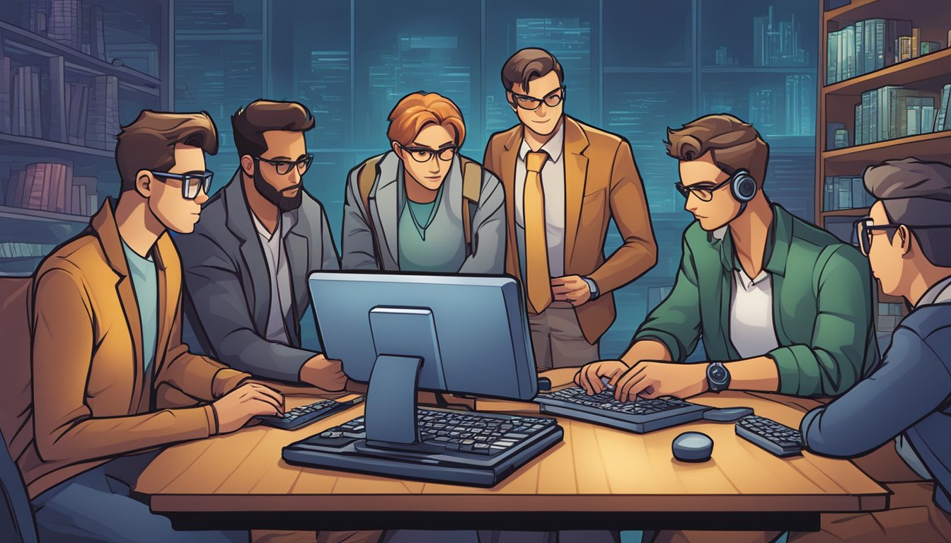 Players gather around a computer, clicking and typing to access Codenames Online. The screen displays the game board, ready for action