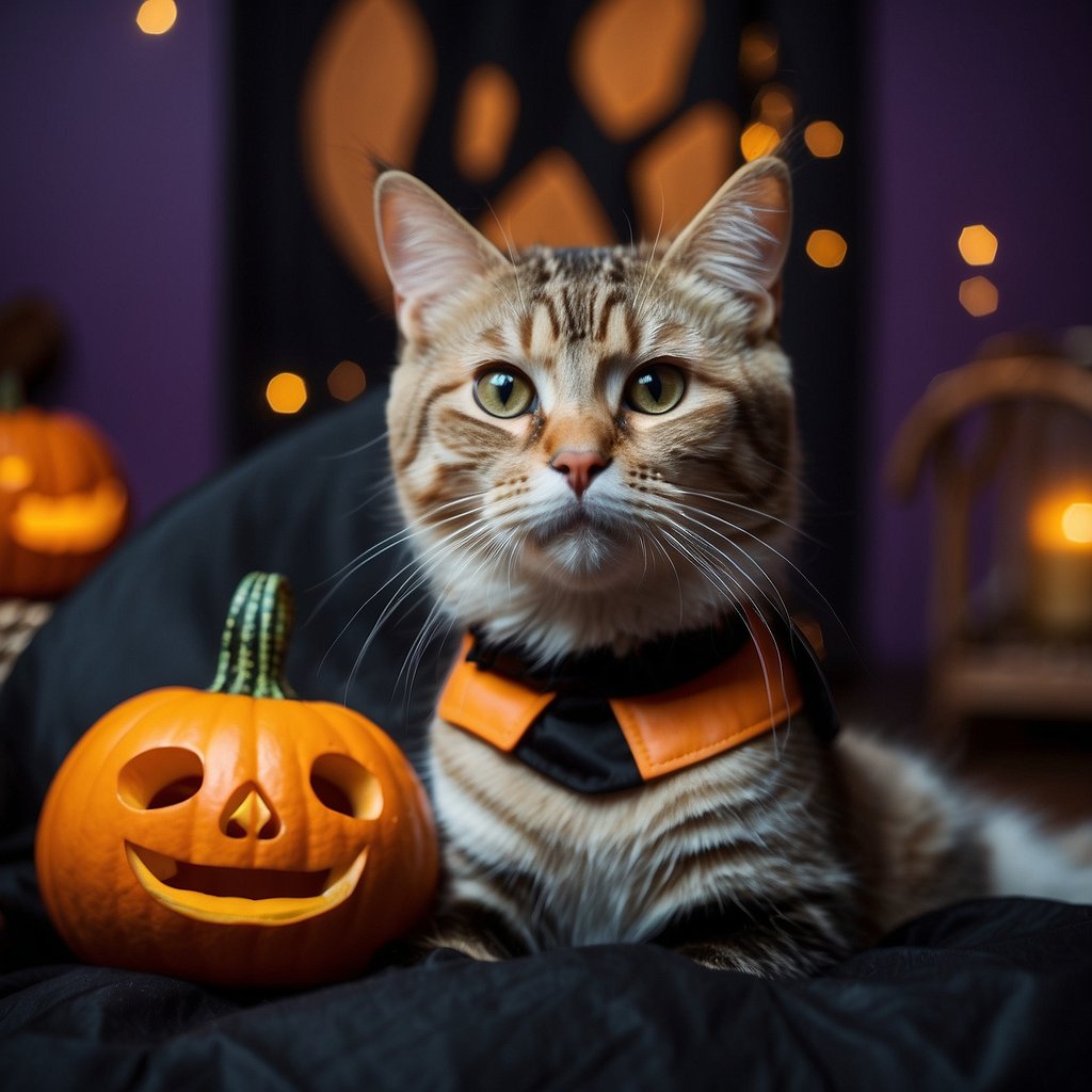 A cat owner carefully chooses the perfect Halloween costume for their feline friend, considering various cat-themed options