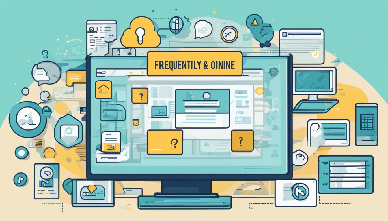 A computer screen displaying a webpage with the title "Frequently Asked Questions buy codenames online" surrounded by various icons and buttons