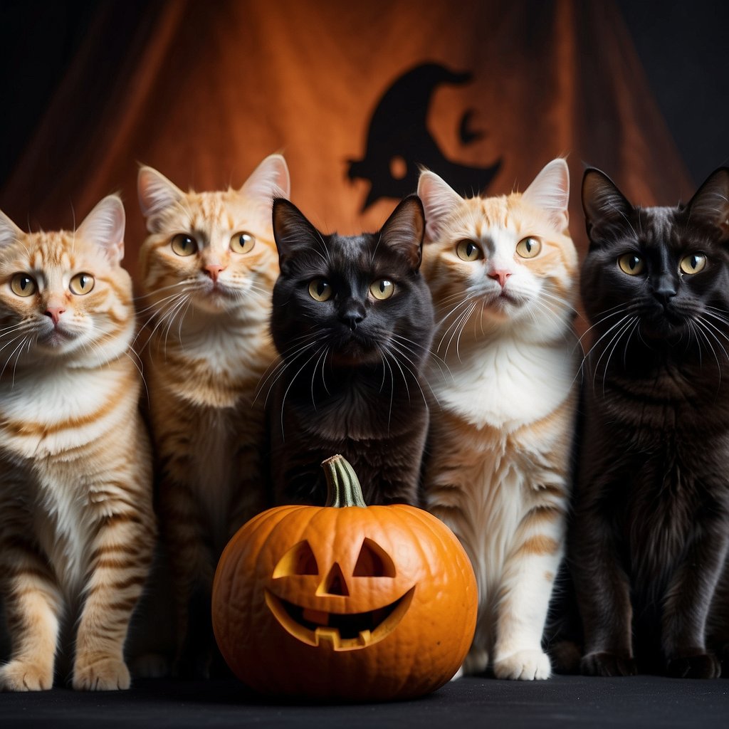 A group of cats wearing a variety of Halloween costumes, such as witches, pumpkins, superheroes, and ghosts, posing in front of a spooky backdrop