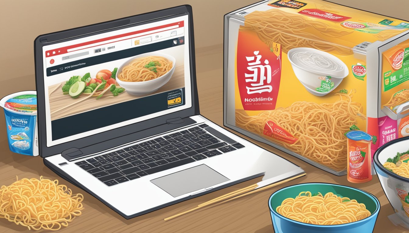 A computer screen displaying a website with the option to buy Nongshim noodles online, surrounded by various noodle packaging and a shipping box