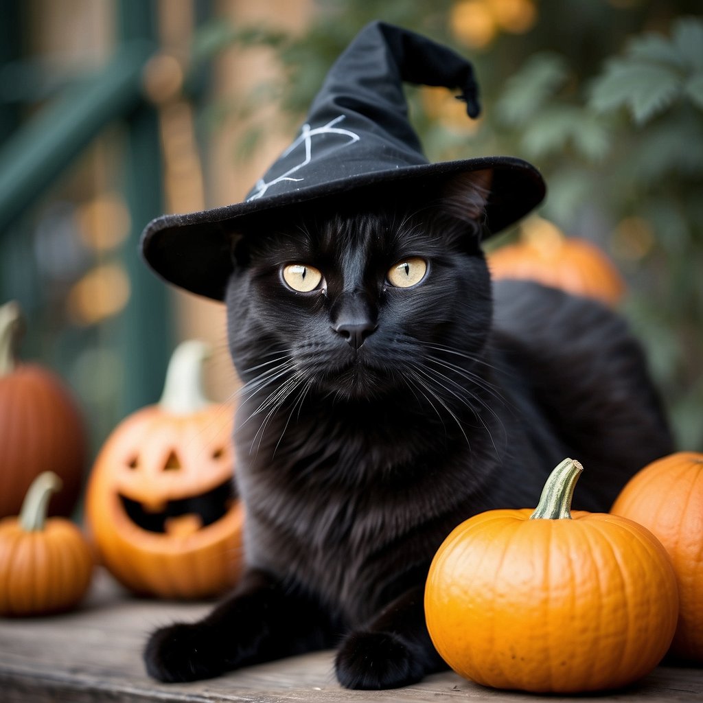 A black cat wearing a witch hat and a cape, surrounded by spooky decorations and pumpkins, ready for Halloween