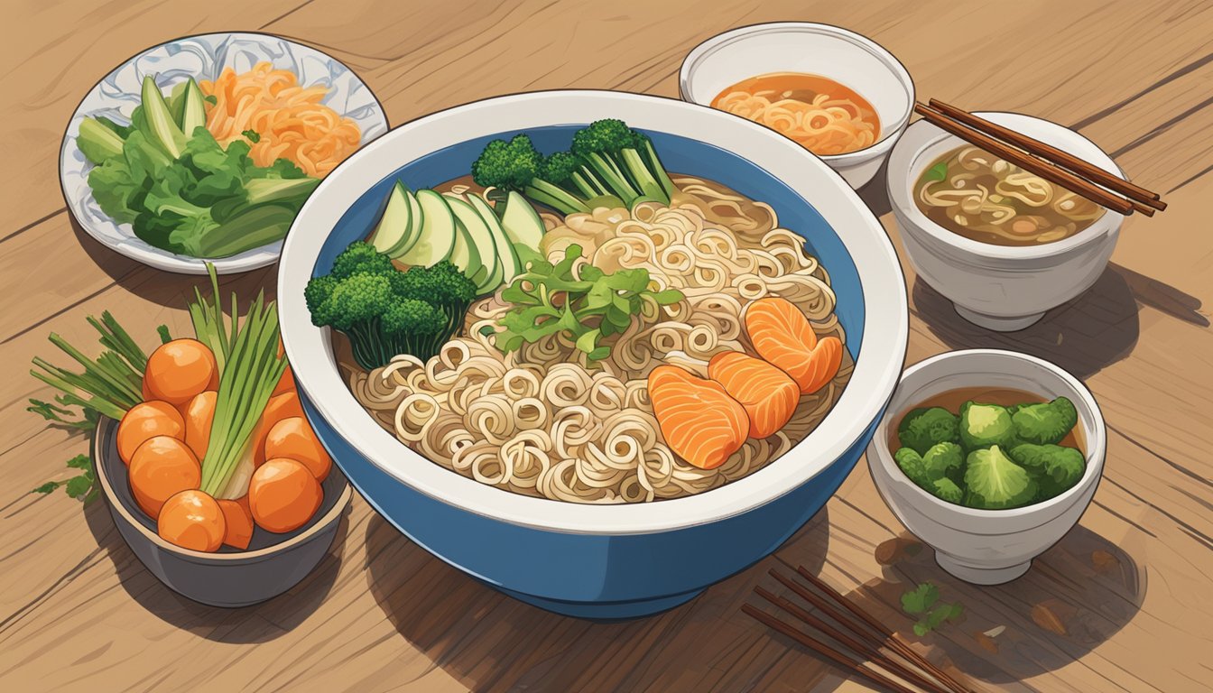A steaming bowl of Nongshim noodles sits on a wooden table, surrounded by chopsticks and a vibrant array of fresh vegetables