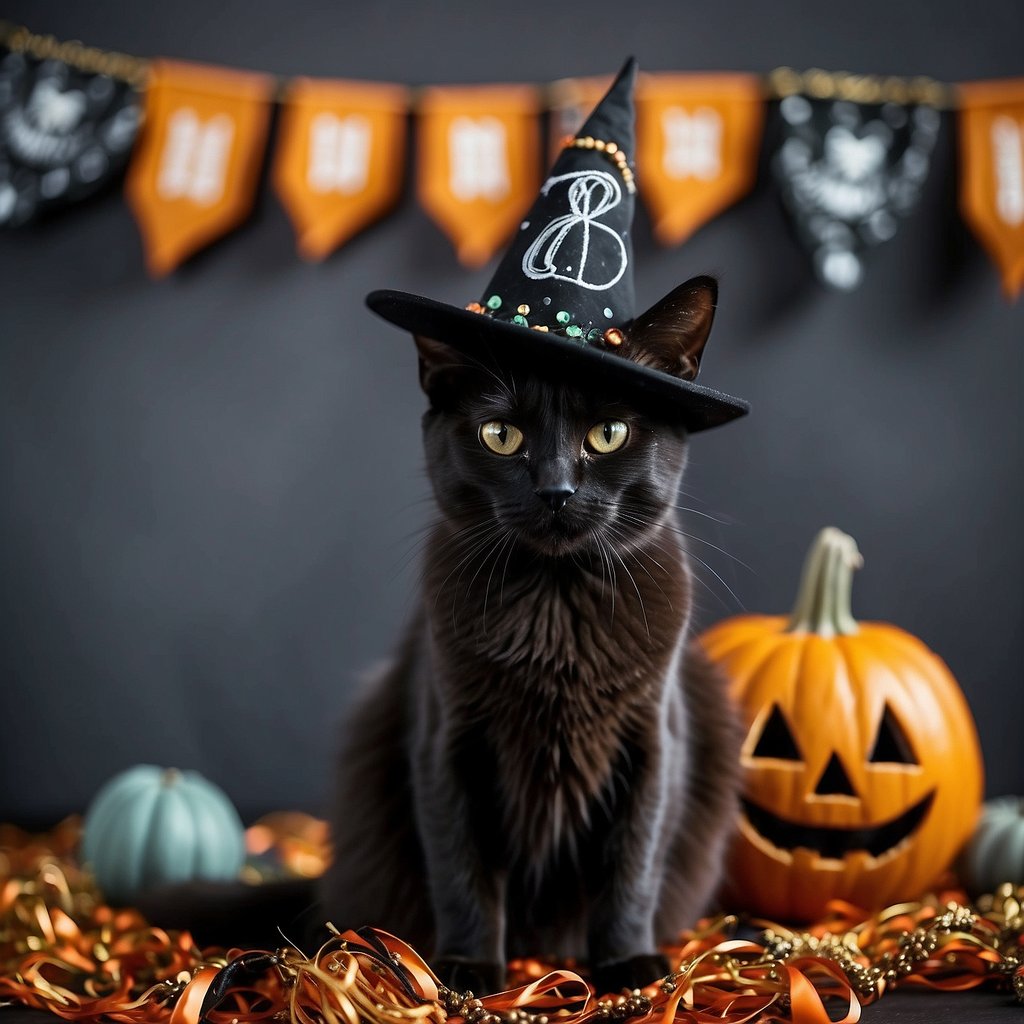 A black cat sits proudly in a witch hat and cape, surrounded by Halloween decorations. A sign reads "Safety Tips for a Purr-fect Halloween"