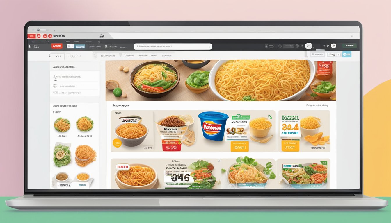 A computer screen displaying an online shopping website with Nongshim noodles in the search bar, a variety of flavors and options, and an "Add to Cart" button highlighted