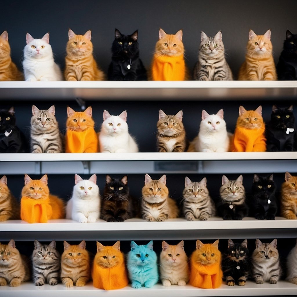 A variety of cat Halloween costumes displayed on shelves with colorful backgrounds and festive decorations