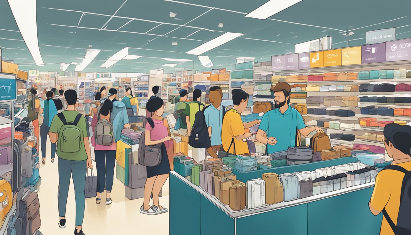 A traveler finds Pacsafe products in a bustling Singapore store