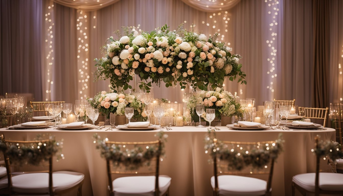 A table adorned with elegant floral centerpieces, surrounded by luxurious chairs, set against a backdrop of twinkling fairy lights and draping fabric