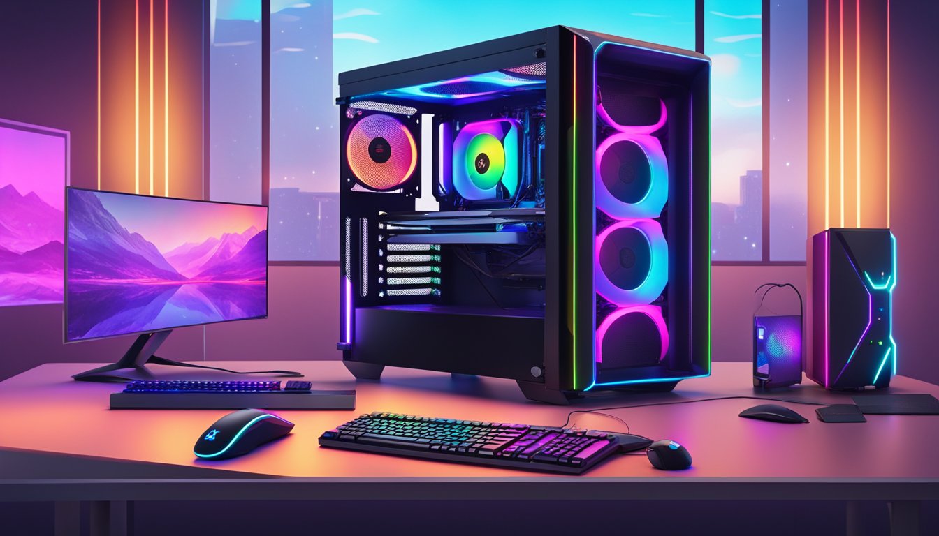 A sleek, modern gaming PC sits on a minimalist desk, surrounded by high-tech peripherals and colorful LED lights, with a custom logo emblazoned on the case