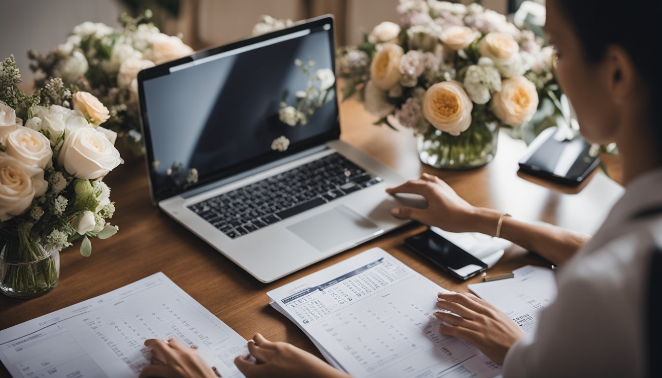 A wedding planner reviewing pricing charts and packages, with a laptop and phone on the desk, surrounded by wedding magazines and floral arrangements