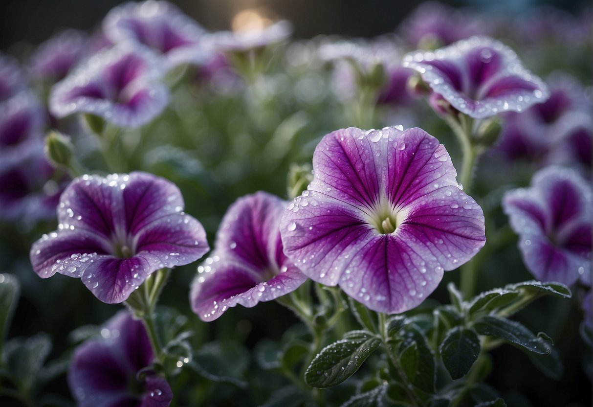 Petunias bloom in a frost-covered garden, their delicate petals glistening with ice crystals, yet still resilient and alive