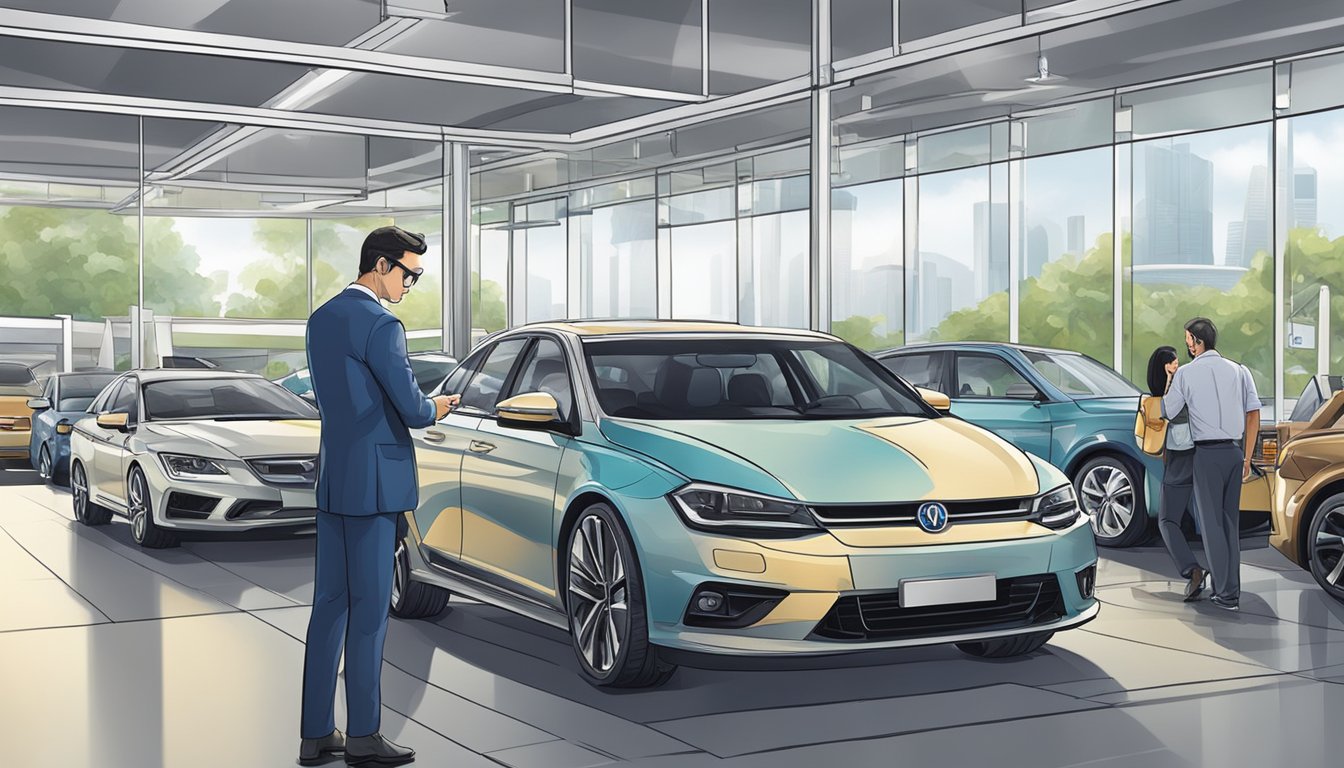 A foreigner completes paperwork at a car dealership in Singapore