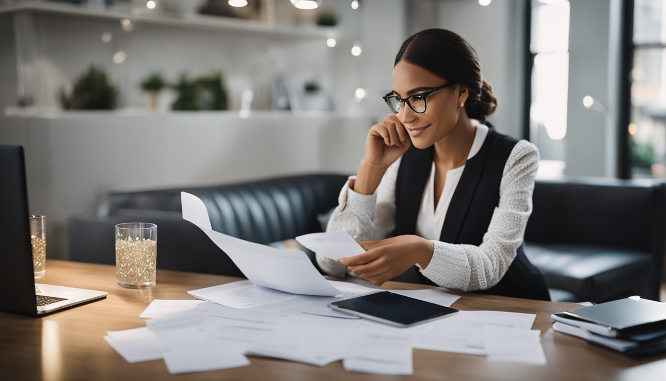 A wedding planner reviewing cost options, surrounded by planning materials and a laptop