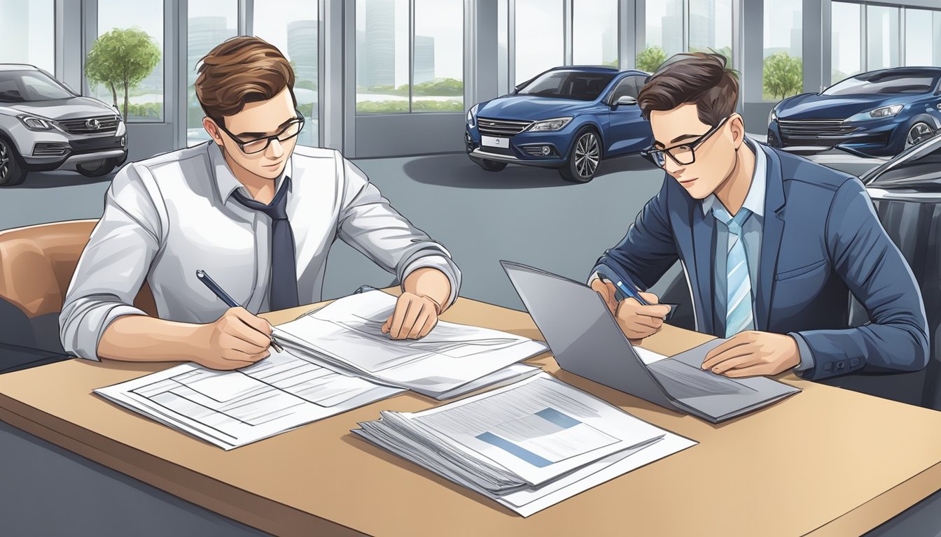Foreigner at car dealership in Singapore, completing paperwork. Signs and legal documents on desk. Car keys and brochure in hand