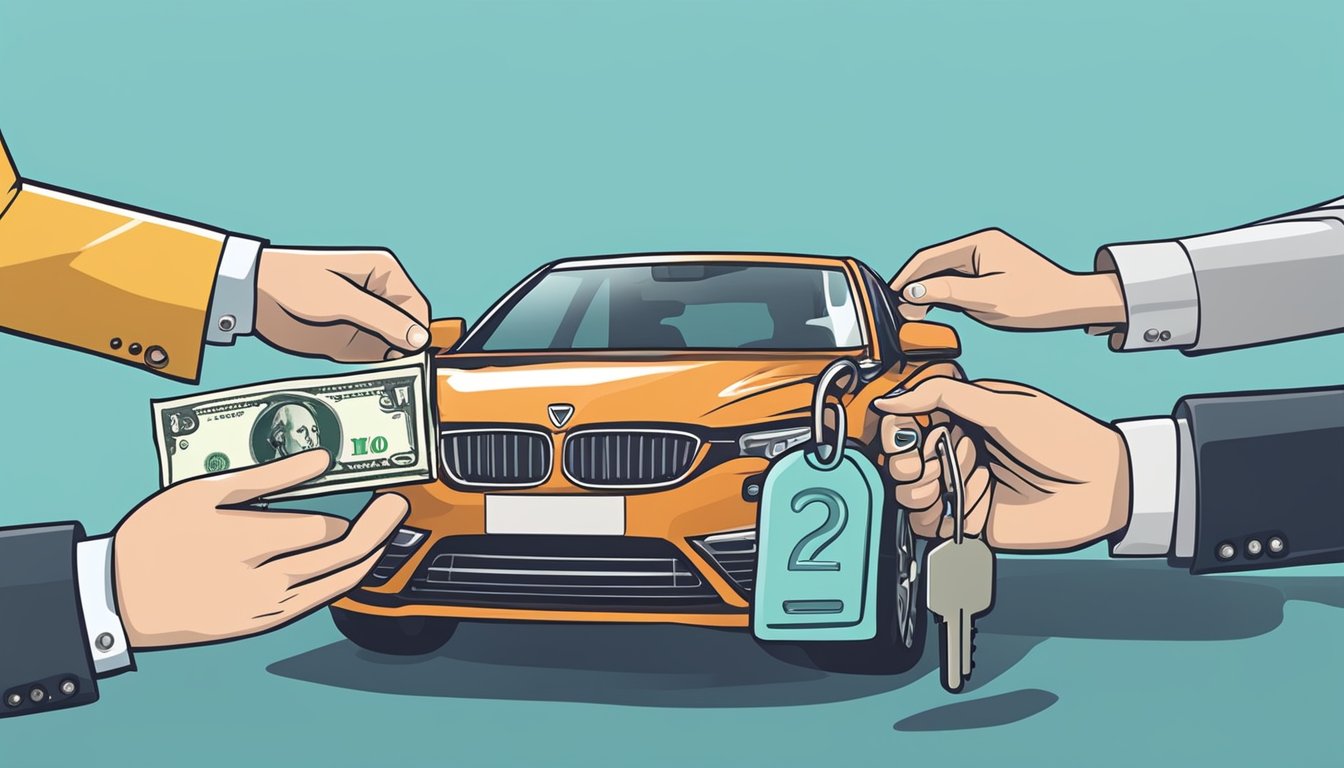 A foreigner hands over money to a car dealer in Singapore. The dealer hands over the keys to the foreigner