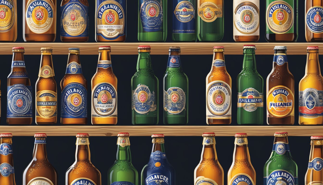 A variety of Paulaner beer bottles displayed on a shelf with a "buy Paulaner beer online" sign in the background