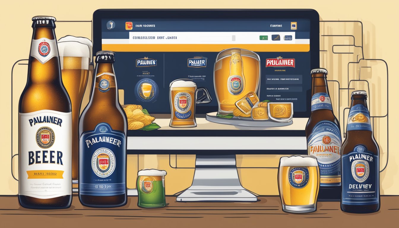 A computer screen displaying a website with Paulaner beer options, a credit card, and a delivery address