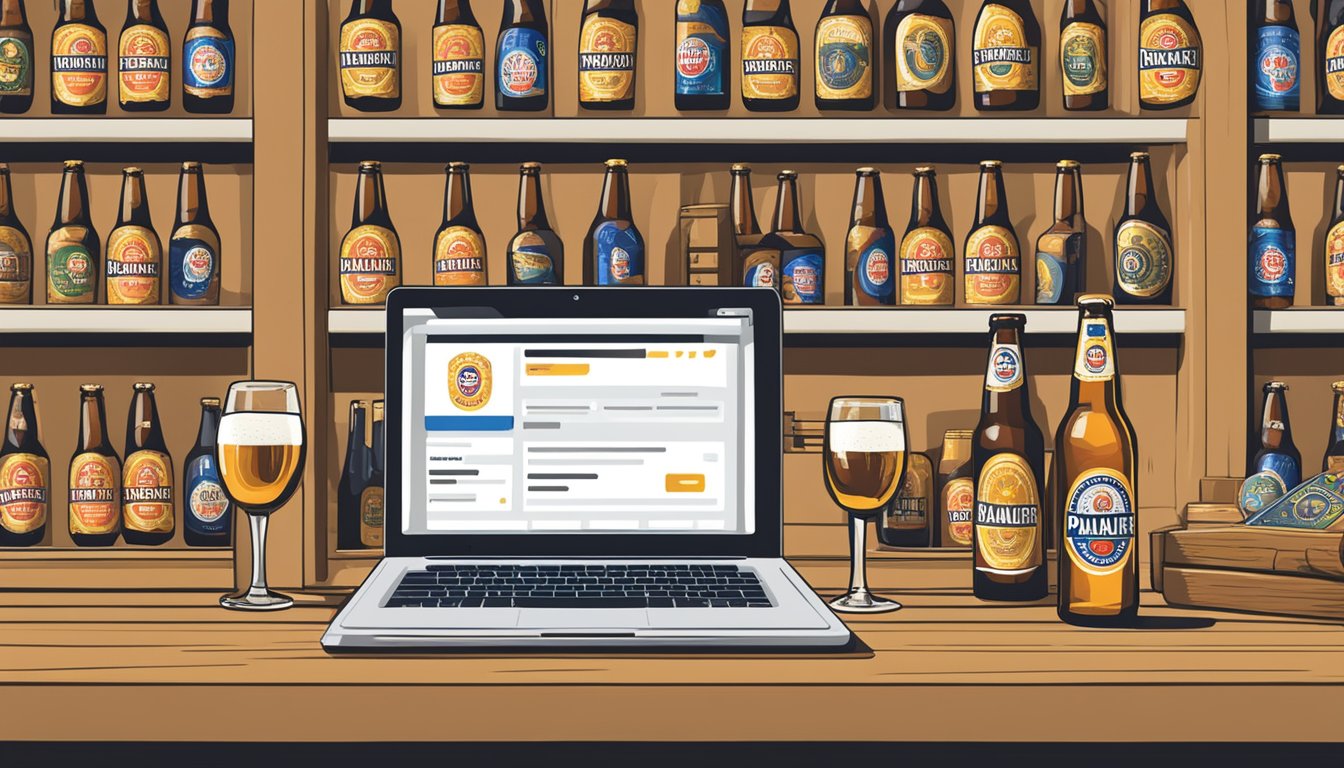 A laptop open to a website with "Frequently Asked Questions buy paulaner beer online" displayed, surrounded by beer bottles and a credit card