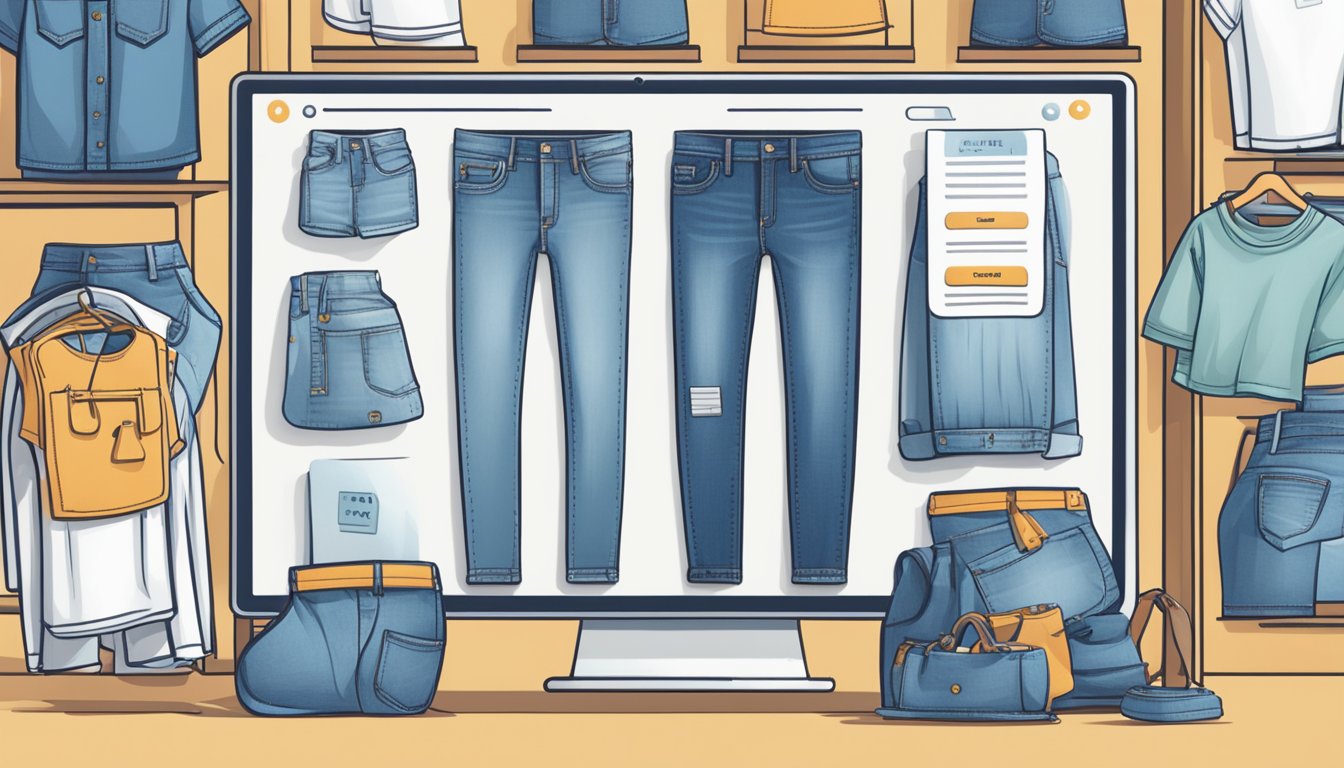 A computer screen displaying a variety of denim jeans with price tags and "Add to Cart" buttons, surrounded by images of happy customers wearing the jeans