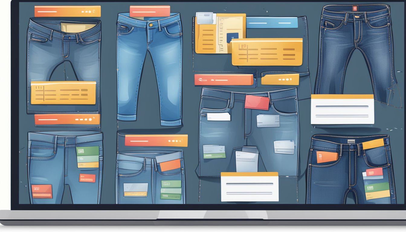 A computer screen displaying various denim jeans with price tags. Tabs open to different online retailers