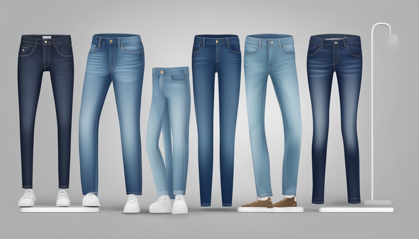 A variety of jeans styles and fits displayed on a virtual storefront, with prices and "buy now" buttons