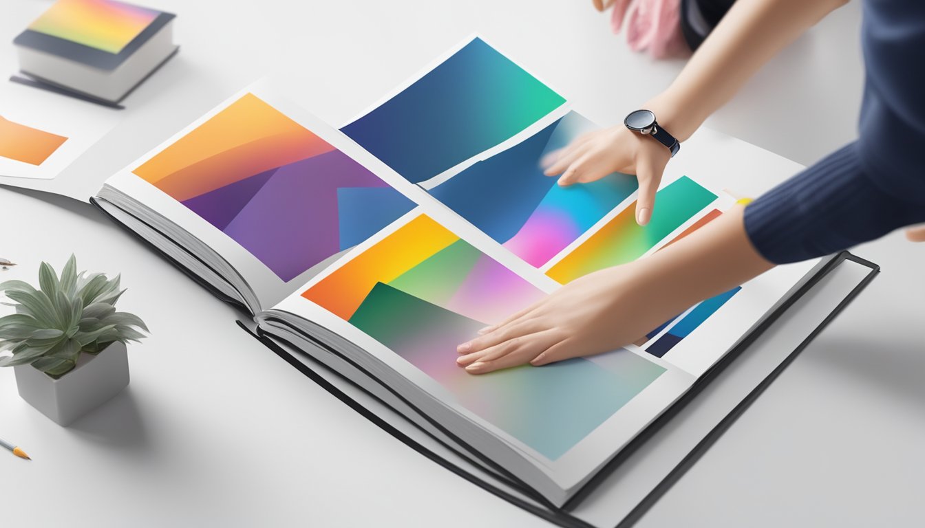 A hand reaches out to place a photo in a sleek, modern photo album. The album sits on a clean, white table, surrounded by a scattering of colorful photos