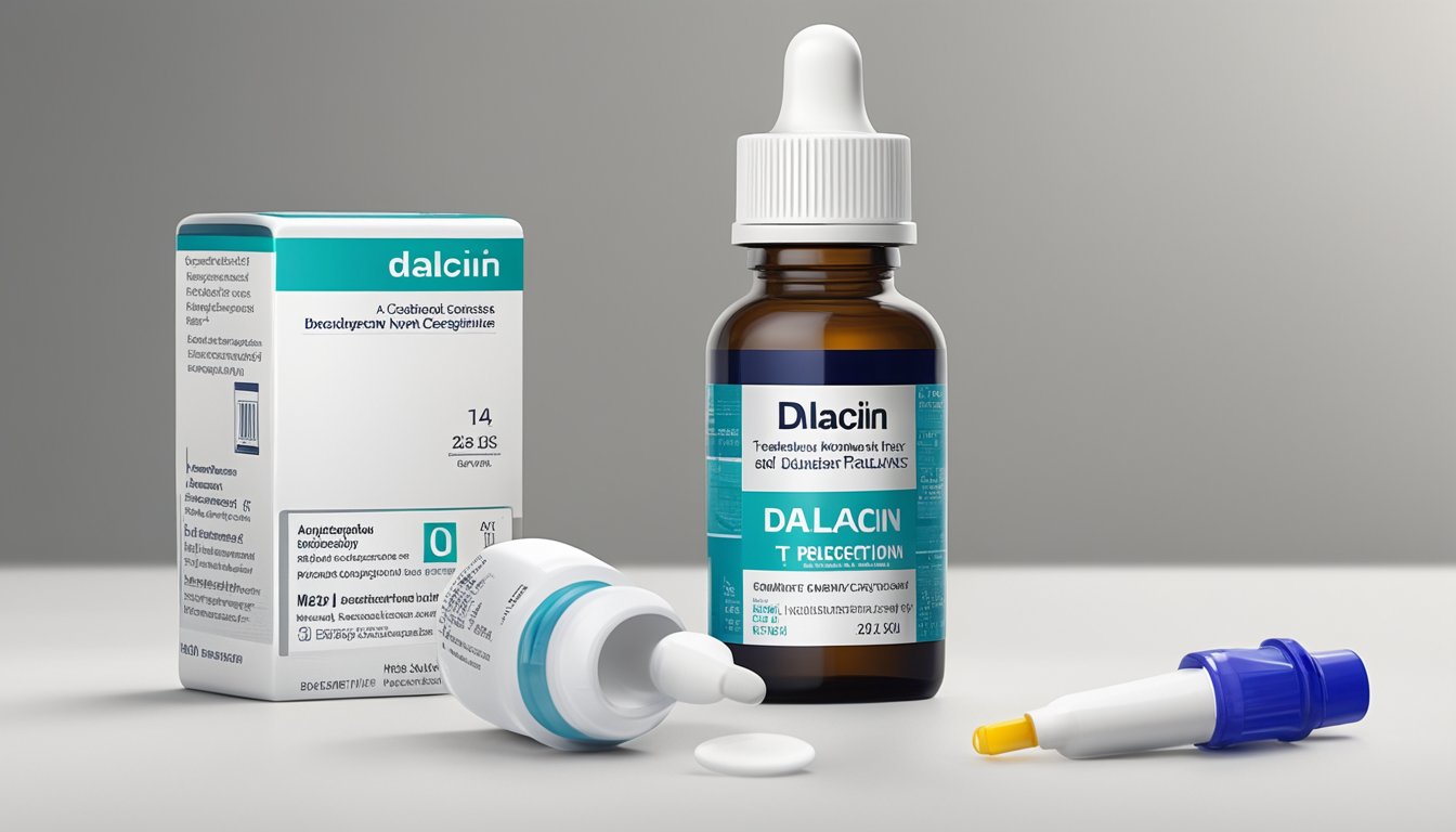 A bottle of Dalacin T sits on a clean, white countertop, next to a small dropper and a prescription label. The label clearly displays the dosage and instructions for use