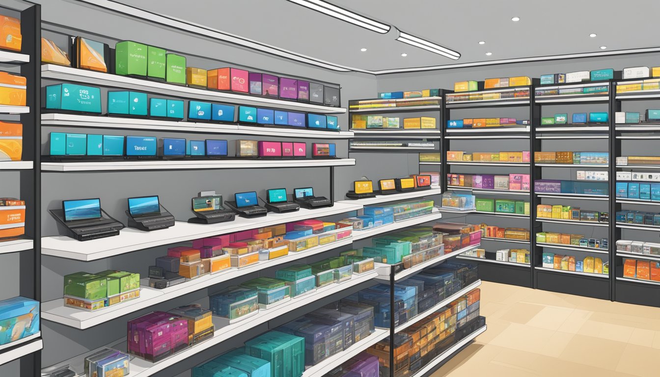 A retail store display with shelves stocked with Chromecast devices in Singapore