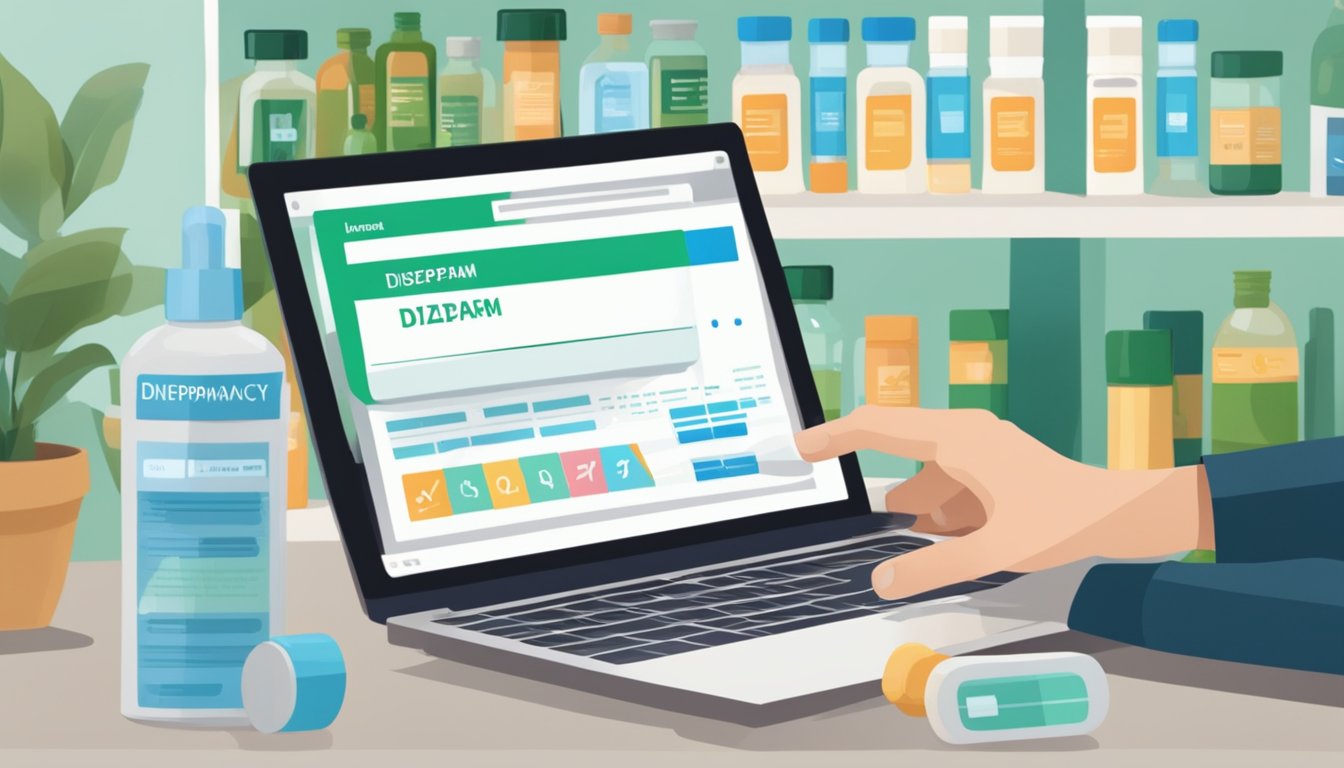 A hand holding a prescription bottle labeled "Diazepam" with a computer in the background showing an online pharmacy website
