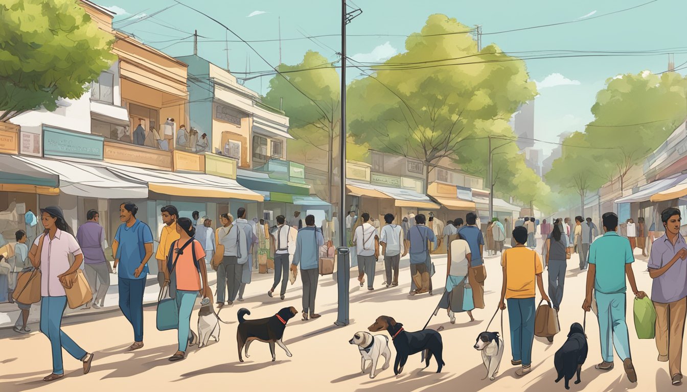 A bustling Bangalore street with people walking past a computer screen displaying various dog breeds available for purchase online