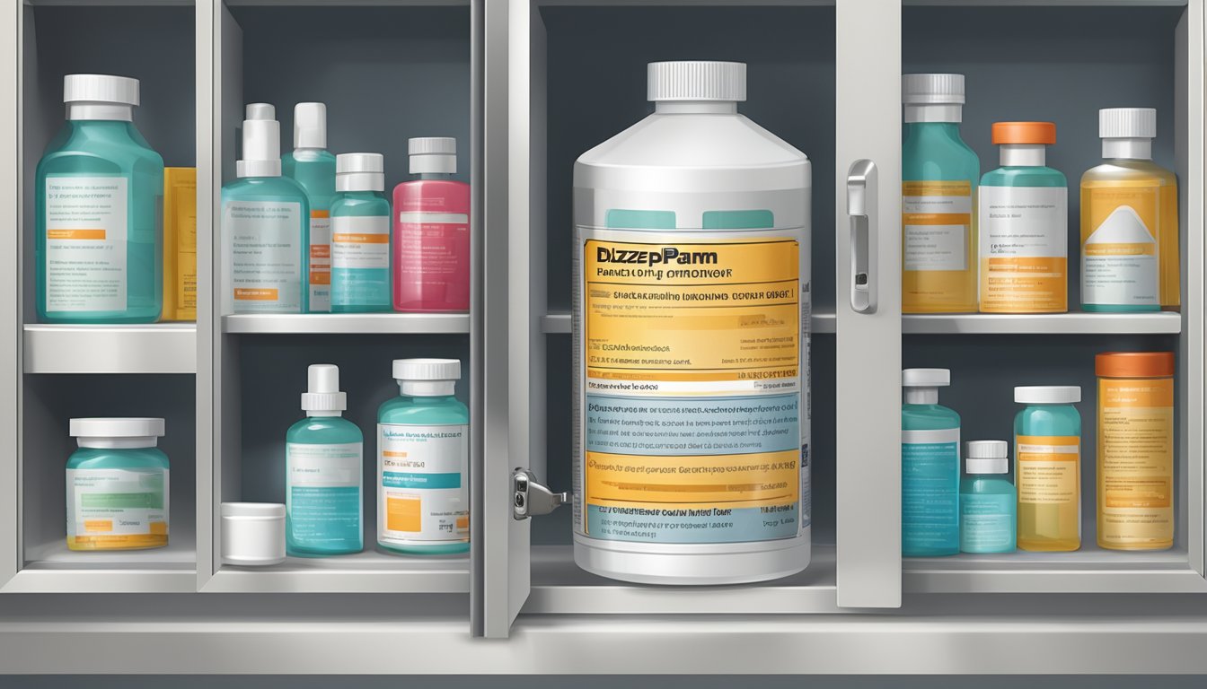 A locked medicine cabinet with a childproof cap on a bottle of diazepam, a safety warning label, and a list of precautions
