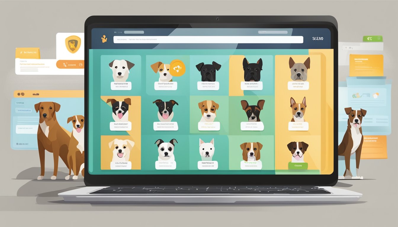 A computer screen shows a secure website with a variety of dog breeds for sale. A secure payment method and customer reviews are visible