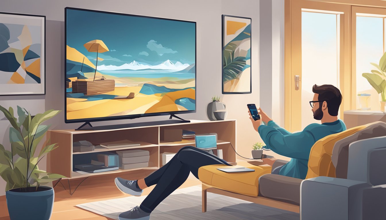 A modern living room with a TV and a Chromecast device plugged into it, with a person holding a smartphone and casting content onto the screen