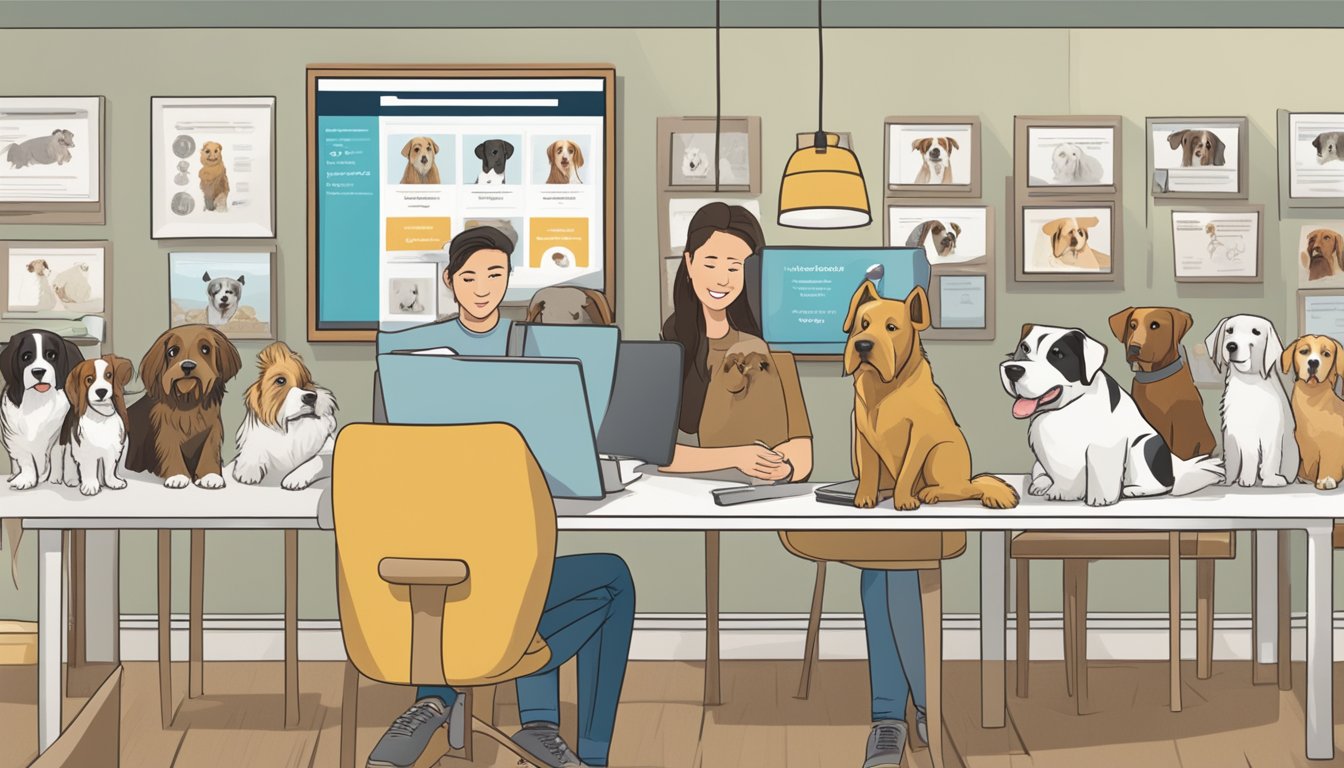 Potential customers browsing through a variety of dog breeds online, with a list of frequently asked questions displayed on the screen