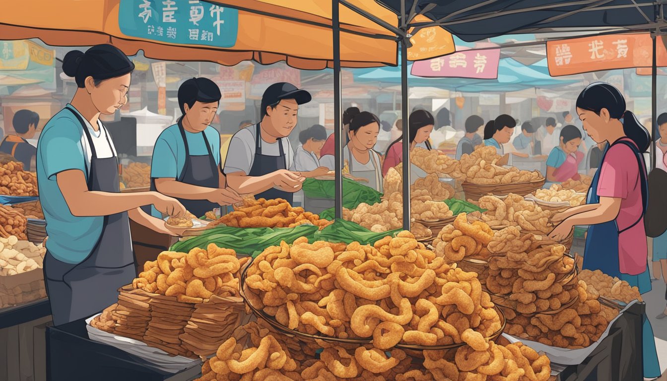 A bustling market stall displays various types of chicharon in Singapore. The vendor arranges the crispy pork rinds in colorful piles, while customers browse the selection