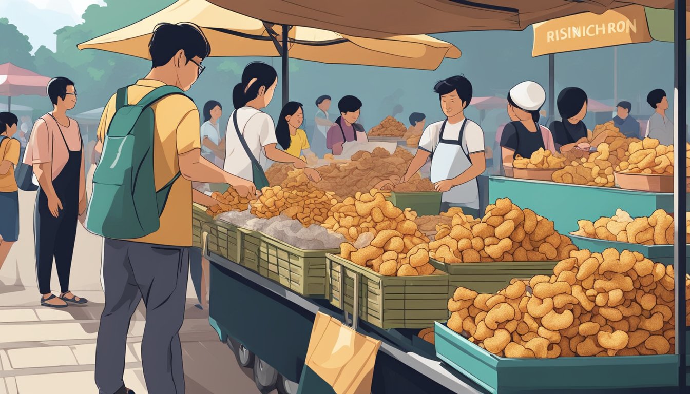 A bustling market stall displays a variety of crispy chicharon in Singapore. The vendor arranges the fried pork rinds in neatly stacked piles, while customers eagerly line up to make their purchase
