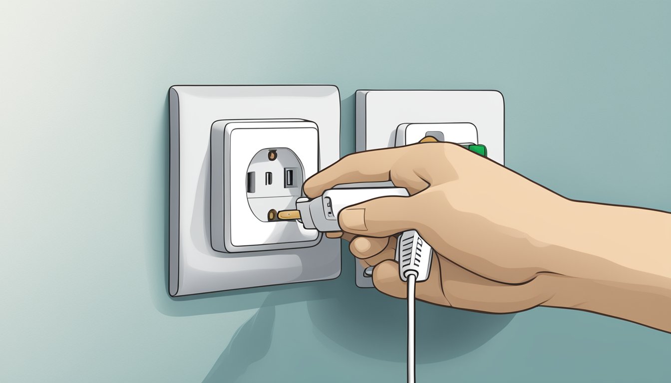 A hand plugging a power adapter into a wall socket in Singapore