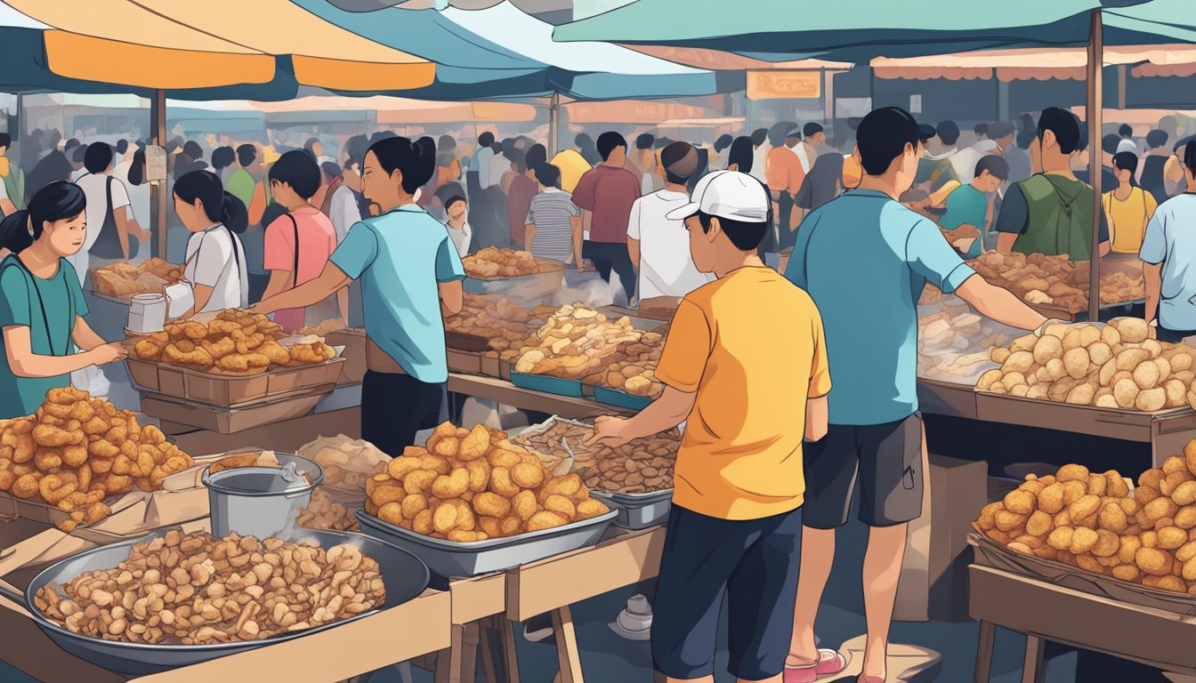 A bustling marketplace with vendors selling chicharon in Singapore. Customers approach stalls, examining and purchasing the crispy pork snacks