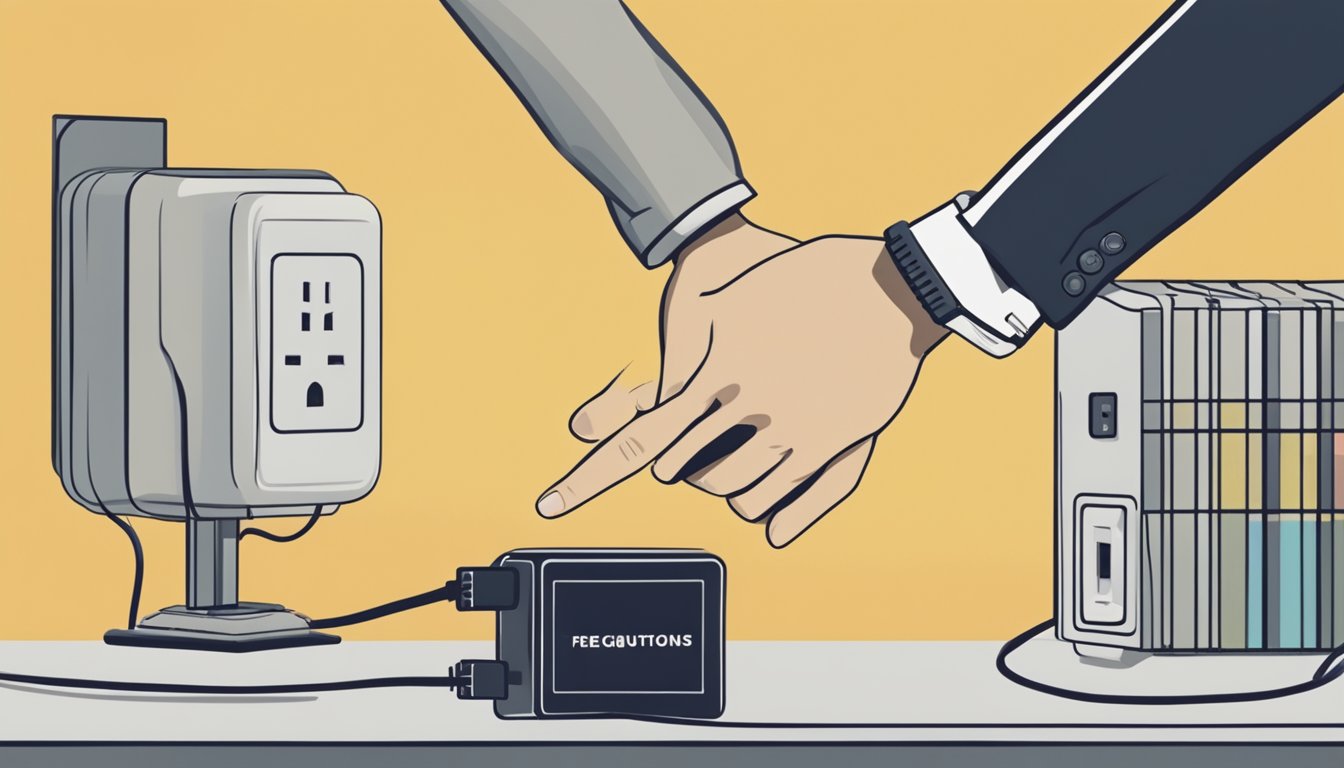 A hand reaching for a power adapter with a "Frequently Asked Questions" sign in the background