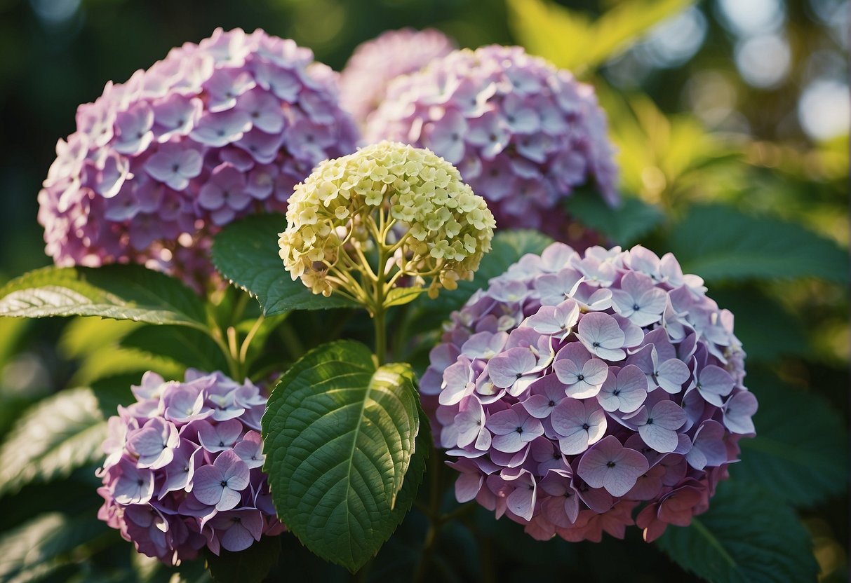 Hydrangeas bloom in a lush Florida garden, surrounded by vibrant green foliage and basking in the warm sunlight