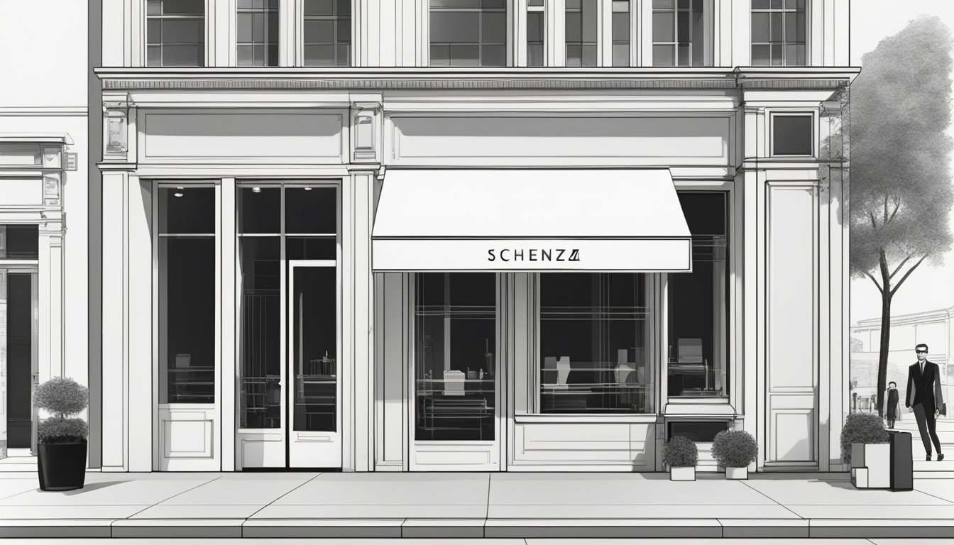 A sleek, modern storefront with the Proenza Schouler logo prominently displayed. Clean lines and minimalistic design convey a sense of luxury and sophistication