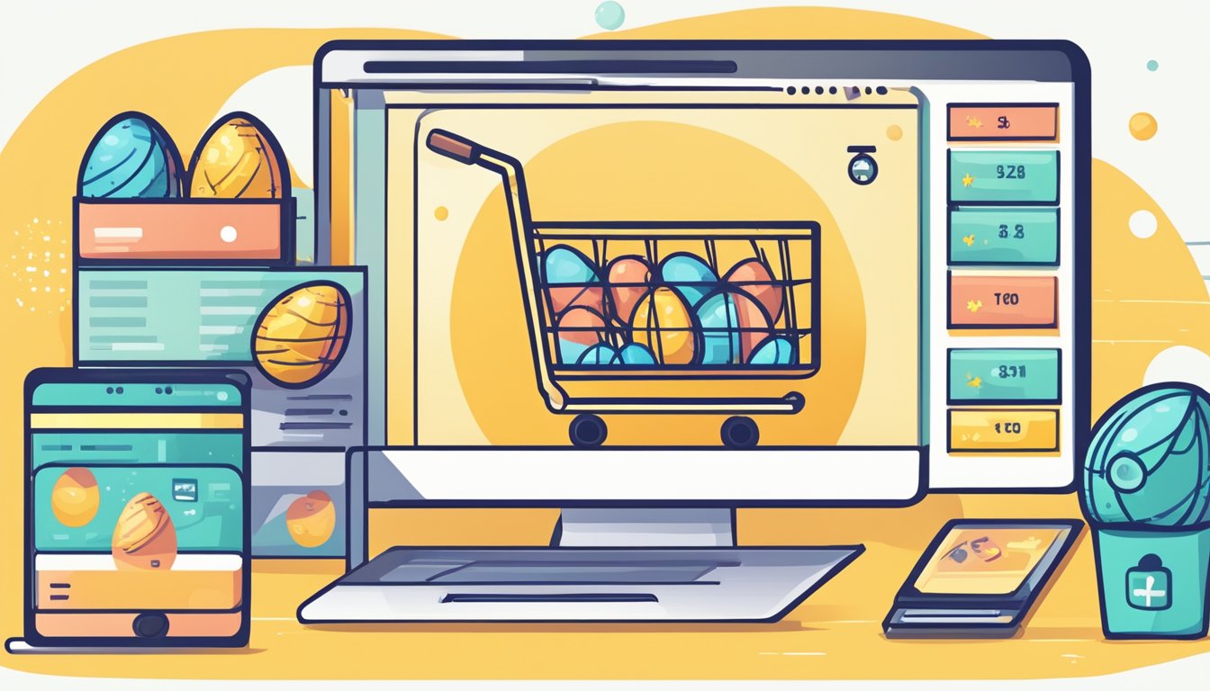 A computer screen displaying a website with a cart filled with eggs, a "buy now" button, and a secure payment symbol