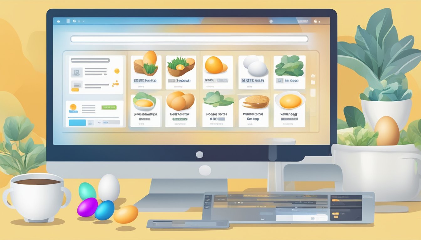 A computer screen displaying a website with various options for purchasing eggs online. A cart icon and payment options are visible