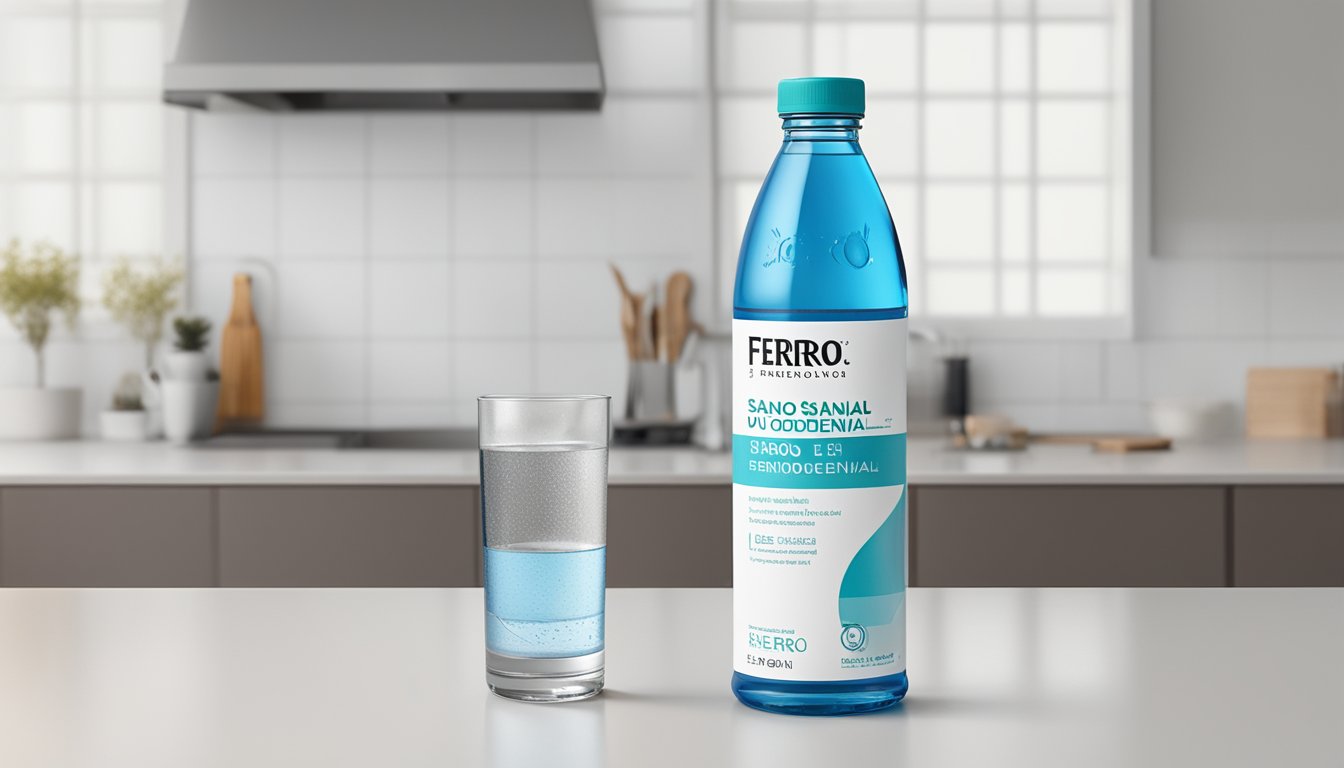 A bottle of Ferro Sanol Duodenal stands on a clean, white countertop, with a glass of water placed next to it. The label is clear and easy to read, and the bottle is unopened