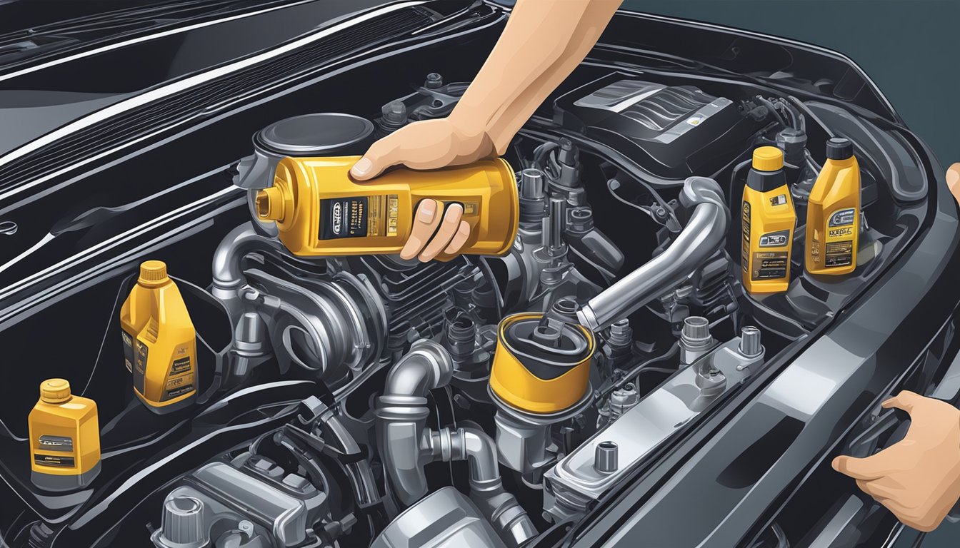 A hand pouring engine oil into a car's engine, with various oil containers and car parts in the background
